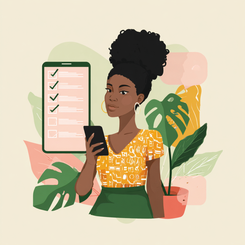 Illustration of a Black woman holding a smartphone while standing near a large digital checklist on a screen, surrounded by lush tropical plants. She appears calm and focused, symbolizing balance between technology, mindfulness, and daily productivity.